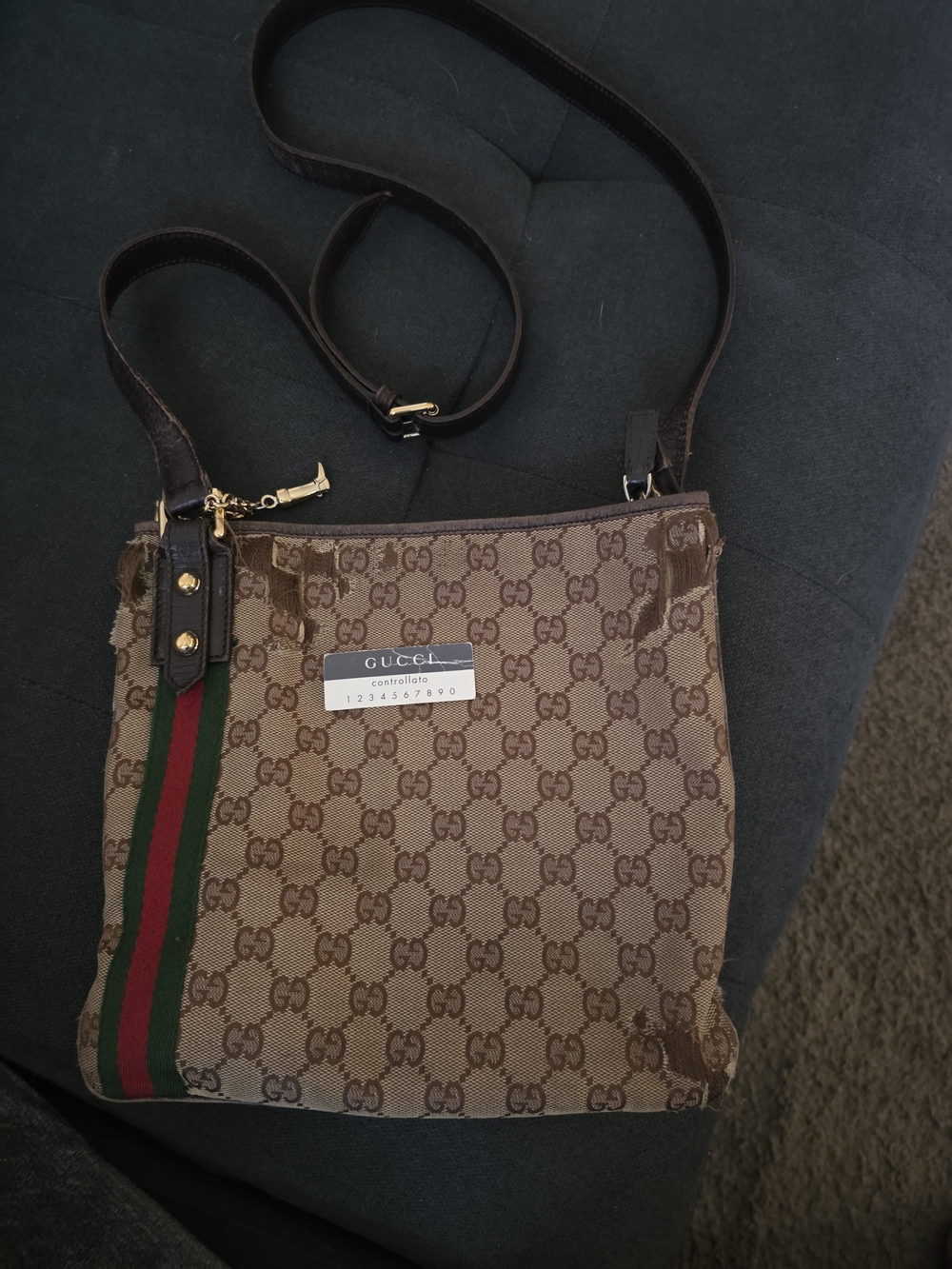 Gucci Monogram Crossbody with Signature Web Stripe - Brown/Tan